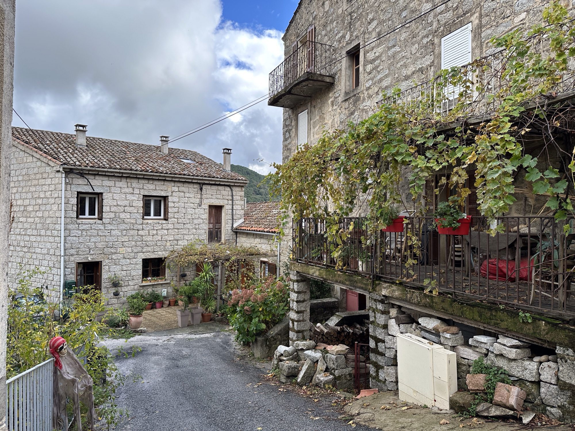 Straatje, beblomede huizen in Levie.
