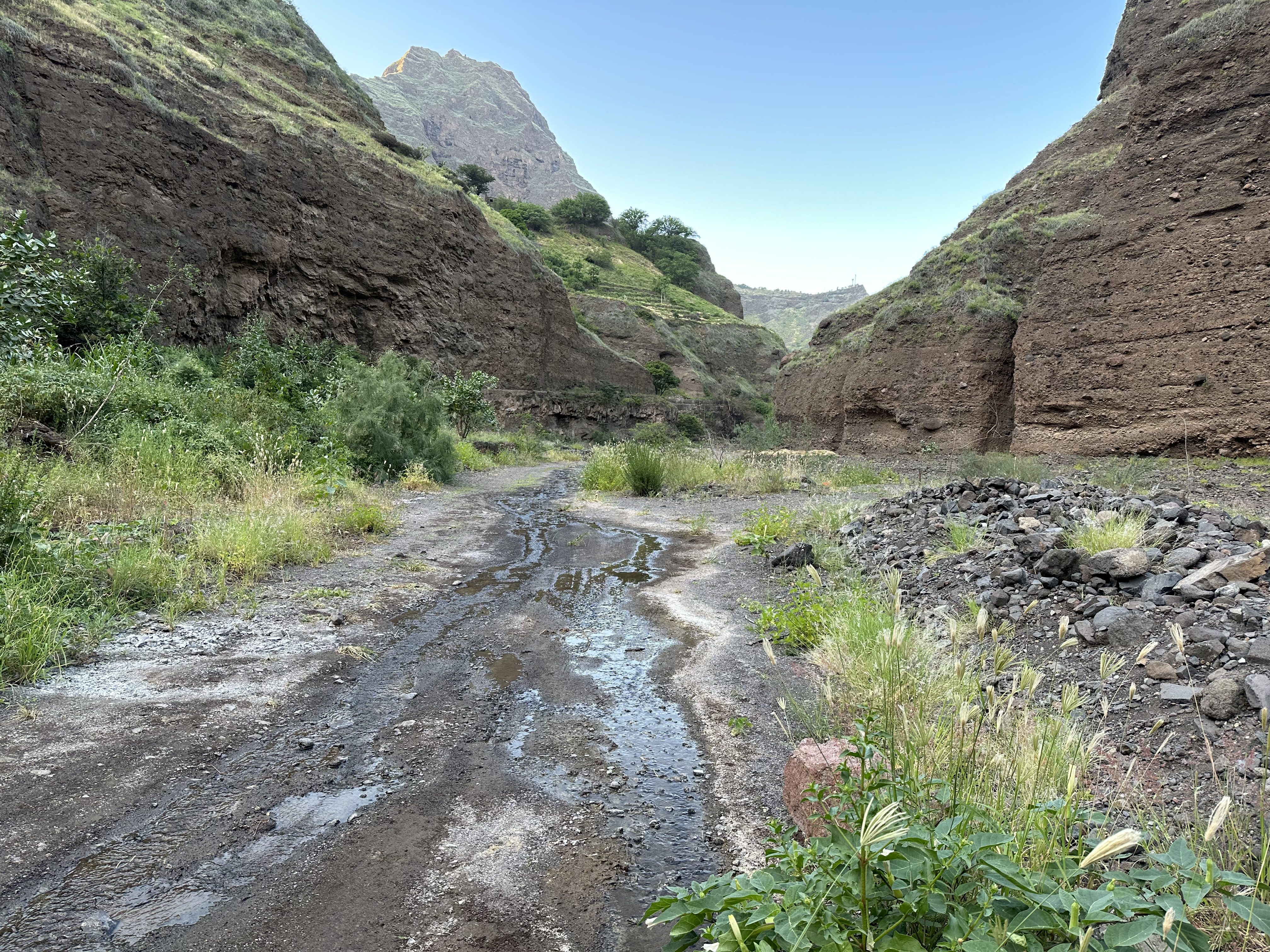 Rivierbedding met een beetje water in kloof.